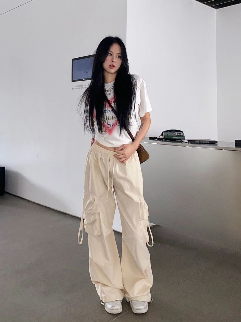 Straight Wide-leg Pants With Large Pockets Casual Working Pants